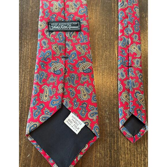 Saks Fifth Avenue Vintage 100% Silk Paisley Neck Tie Men's Made In USA Red Blue - Picture 6 of 8